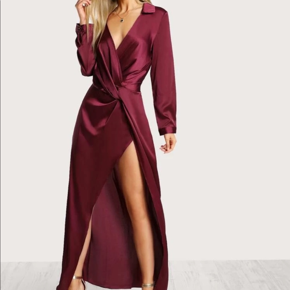 Maroon satin maxi high slit dress!